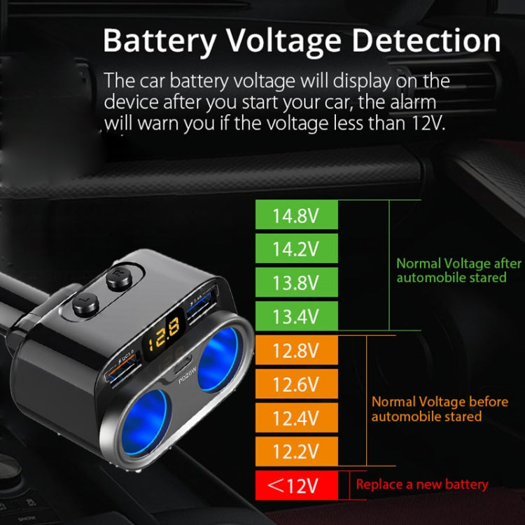 C47PQ Car Cigarette Lighter + Dual USB + Type-C Car Charger(Black) - In Car by buy2fix | Online Shopping UK | buy2fix