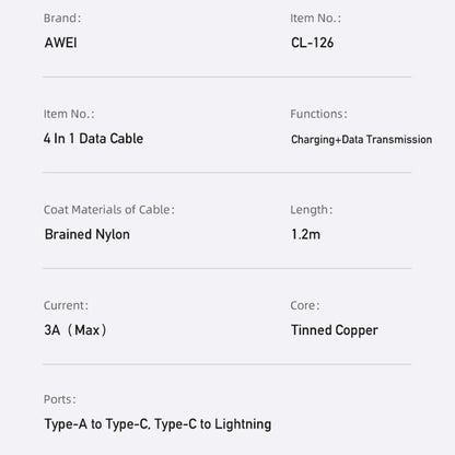 awei CL-126 1.2m 4 in 1 USB to USB-C / Type-C to 8Pin Data Fast Charging Cable(Black) - Multifunctional Cable by awei | Online Shopping UK | buy2fix