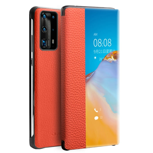 For Huawei P40 QIALINO Litchi Texture Side Window View Leather Phone Case(Orange) - Huawei Cases by QIALINO | Online Shopping UK | buy2fix