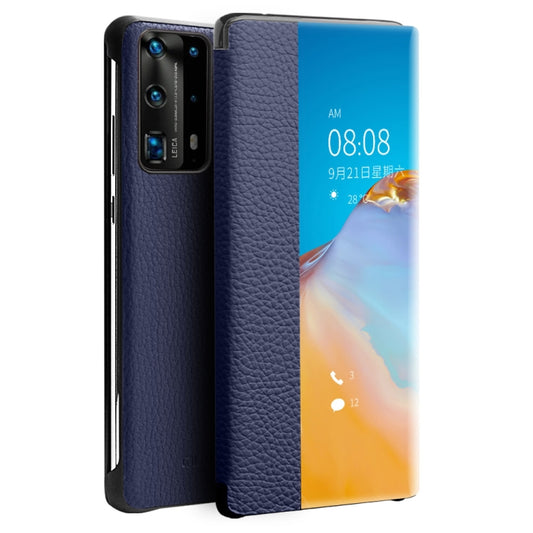 For Huawei P40 QIALINO Litchi Texture Side Window View Leather Phone Case(Blue) - Huawei Cases by QIALINO | Online Shopping UK | buy2fix
