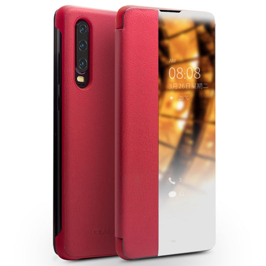 For Huawei P30 QIALINO Genuine Leather Side Window View Smart Phone Case(Red) - Huawei Cases by QIALINO | Online Shopping UK | buy2fix