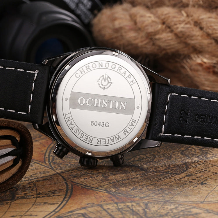 Ochstin 5043C Multifunctional Business Waterproof Leather Strap Quartz Watch(Black+Black+Orange) - Leather Strap Watches by OCHSTIN | Online Shopping UK | buy2fix