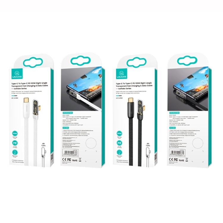 USAMS US-SJ584 PD 100W Iceflake Series Type-C to Type-C Right Angle Transparent Fast Charge Data Cable, Cable Length:2m(Black) -  by USAMS | Online Shopping UK | buy2fix
