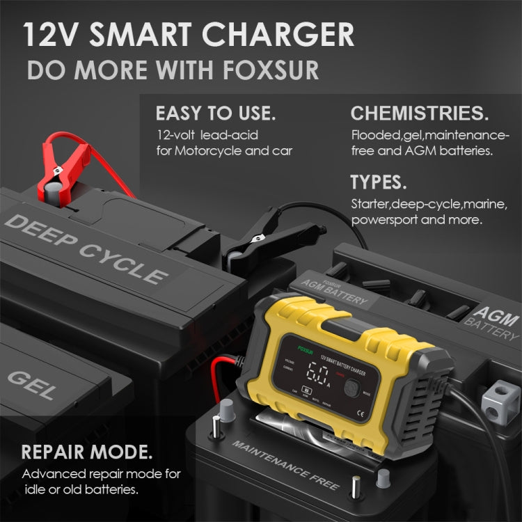 FOXSUR 6A 12V Motorcycle / Car Smart Battery Charger, Plug Type:US Plug(Yellow) - Battery Charger by FOXSUR | Online Shopping UK | buy2fix