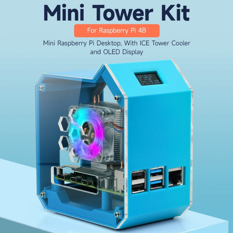 For Raspberry Pi 4B Waveshare Desktop Computer Fan LED Light Mini Tower Set(Blue) - Mini PC Accessories by WAVESHARE | Online Shopping UK | buy2fix