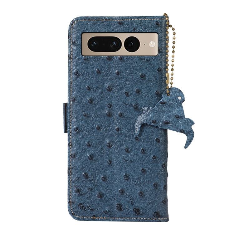 For Google Pixel 7 Pro Ostrich Pattern Genuine Leather RFID Phone Case(Blue) - Google Cases by buy2fix | Online Shopping UK | buy2fix