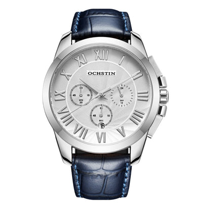 OCHSTIN 6059B Augustine Celebrity Series Multifunctional Quartz Waterproof Men Watch(Silver+Blue) - Leather Strap Watches by OCHSTIN | Online Shopping UK | buy2fix