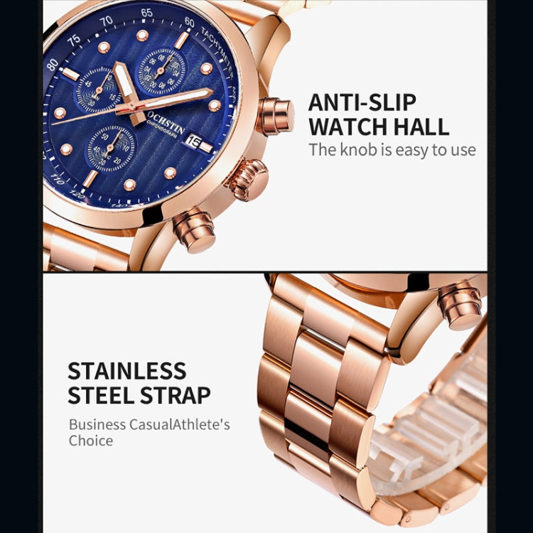 OCHSTIN 7245 Fashion Steel Strap Multifunctional Quartz Men Watch(Rose Gold Blue) - Metal Strap Watches by OCHSTIN | Online Shopping UK | buy2fix