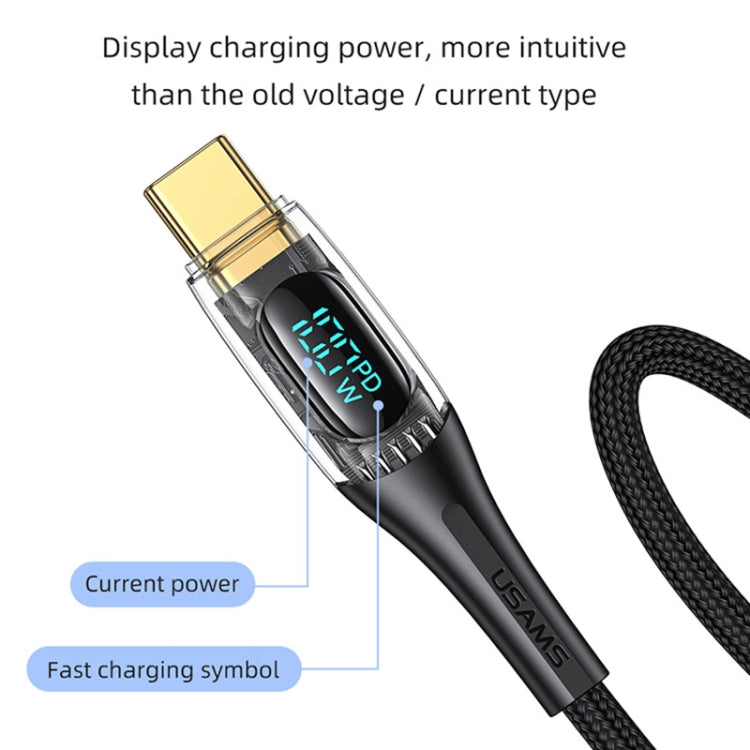 USAMS Type-C to Type-C PD100W Aluminum Alloy Transparent Digital Display Fast Charge Data Cable, Cable Length:1.2m(Black) -  by USAMS | Online Shopping UK | buy2fix