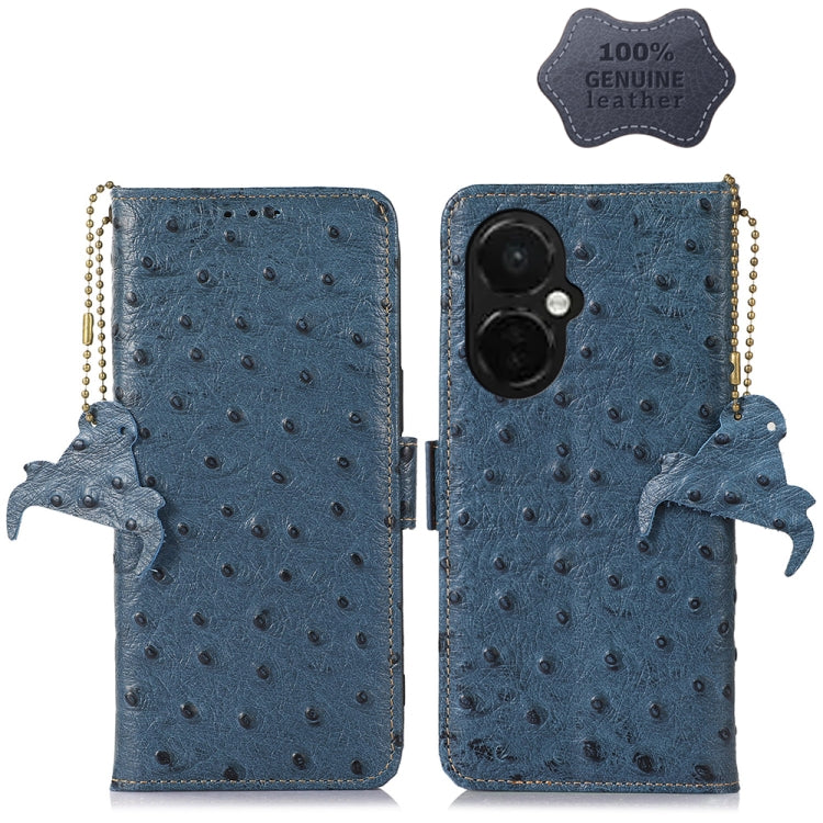 For OnePlus Nord CE 3 Lite Ostrich Pattern Genuine Leather RFID Phone Case(Blue) - OnePlus Cases by buy2fix | Online Shopping UK | buy2fix