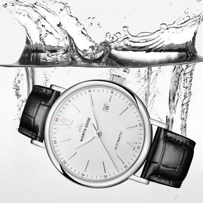 NORTH EDGE AMOY Multifunctional Business Men's Watch Waterproof Leather Mechanical Watch(Silver Needle) - Leather Strap Watches by NORTH EDGE | Online Shopping UK | buy2fix