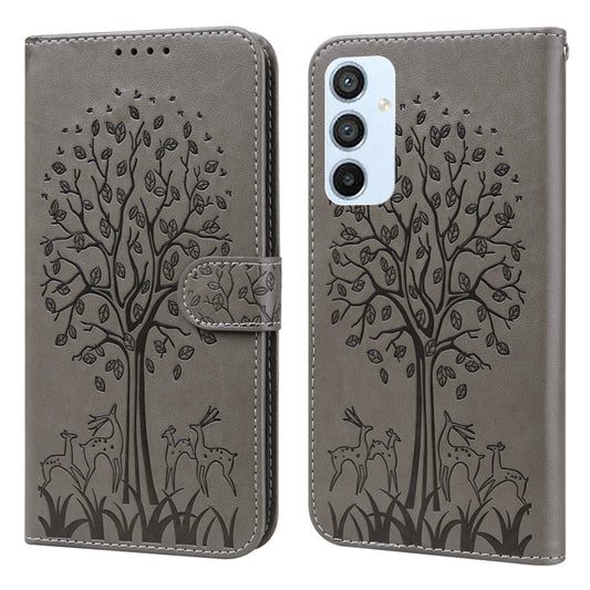For Samsung Galaxy A54 5G Tree & Deer Pattern Pressed Printing Horizontal Flip Leather Phone Case(Grey) - Galaxy Phone Cases by buy2fix | Online Shopping UK | buy2fix