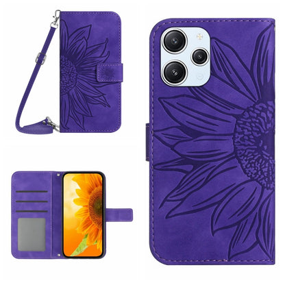 For Xiaomi Redmi 12 4G Global Skin Feel Sun Flower Embossed Flip Leather Phone Case with Lanyard(Dark Purple) - Xiaomi Cases by buy2fix | Online Shopping UK | buy2fix