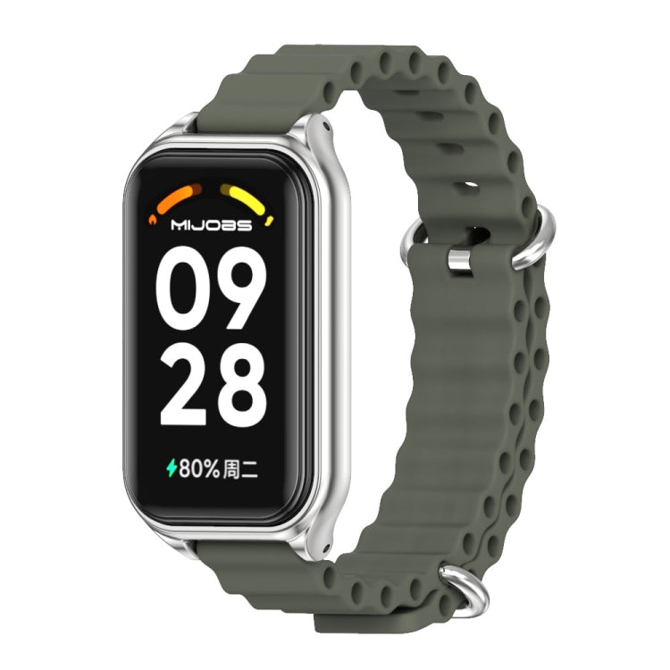 For Xiaomi Smart Band 8 Active / Redmi Band 2 Mijobs Metal Shell Ocean Silicone Watch Band(khaki Green Silver) - Watch Bands by MIJOBS | Online Shopping UK | buy2fix