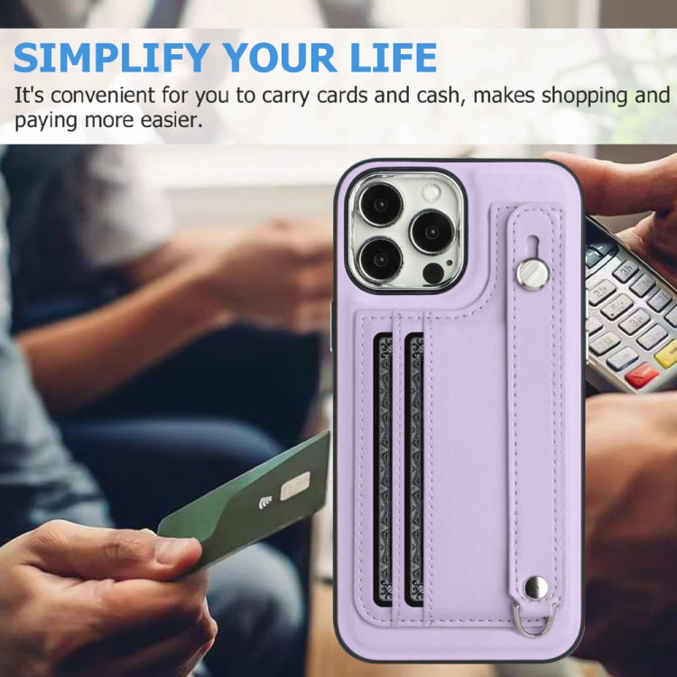 For iPhone 14 Pro Max Shockproof Leather Phone Case with Wrist Strap(Purple) - iPhone 14 Pro Max Cases by buy2fix | Online Shopping UK | buy2fix