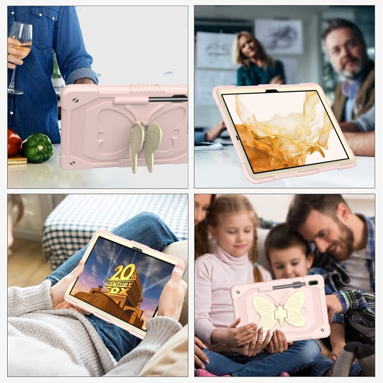 For Samsung Galaxy Tab S8+ / S7+ Butterfly Kickstand Heavy Duty Hard Rugged Tablet Case(Beige+Rose Pink) - Galaxy Tab S8+ Cases by buy2fix | Online Shopping UK | buy2fix