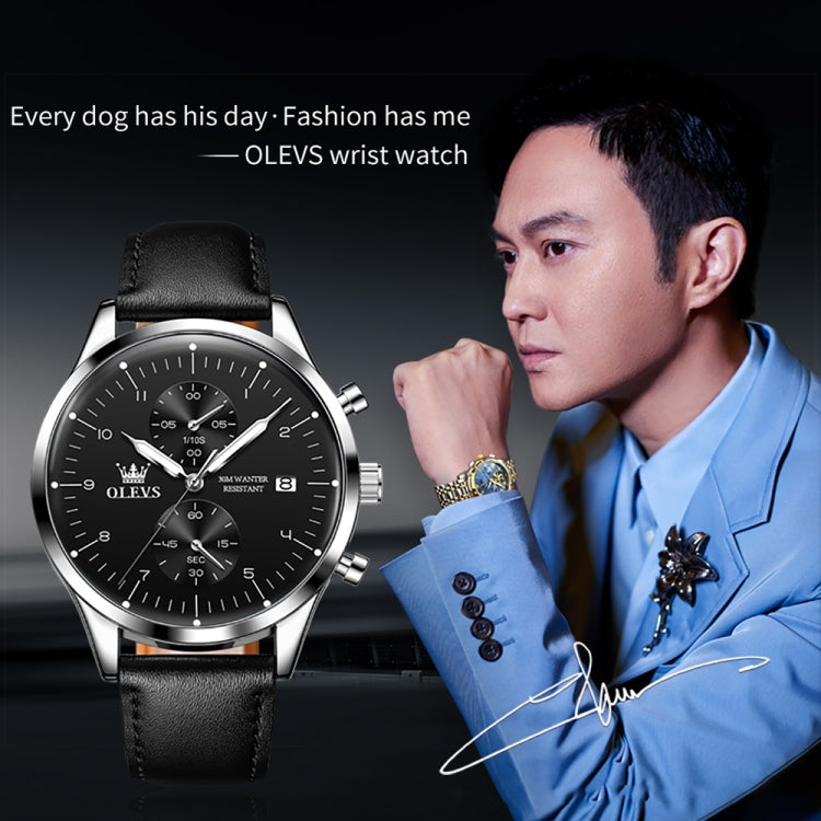 OLEVS 2880 Men Multifunctional Business Waterproof Leather Strap Quartz Watch(Black + Silver) - Leather Strap Watches by OLEVS | Online Shopping UK | buy2fix