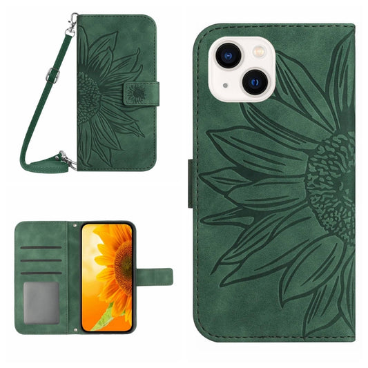 For iPhone 15 Plus Skin Feel Sun Flower Embossed Flip Leather Phone Case with Lanyard(Green) - iPhone 15 Plus Cases by buy2fix | Online Shopping UK | buy2fix
