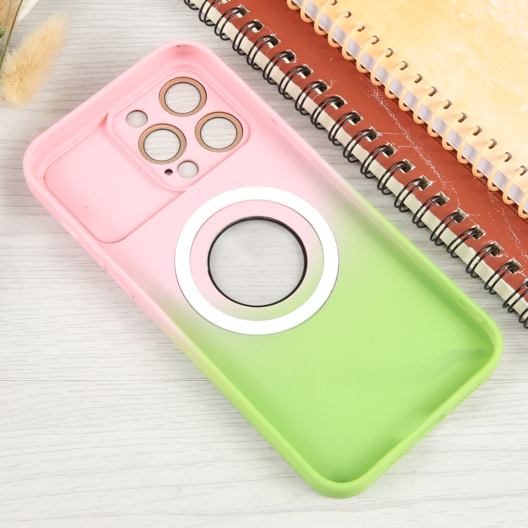For iPhone 15 Plus Gradient Silicone Shockproof Magsafe Phone Case with Lens Film(Pink Green) - iPhone 15 Plus Cases by buy2fix | Online Shopping UK | buy2fix