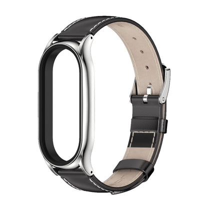 For Xiaomi Mi Band 8 Mijobs Plus Case Genuine Leather Watch Band(Black Silver) - Watch Bands by MIJOBS | Online Shopping UK | buy2fix