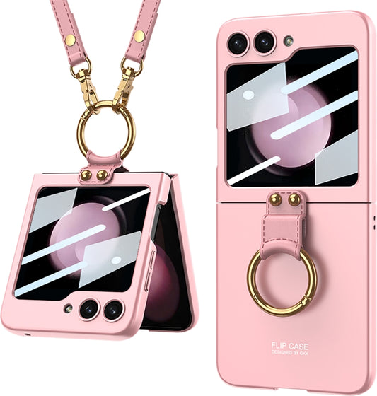 For Samsung Galaxy Z Flip5 GKK Ultra-thin PC Full Coverage Ring Holder Phone Case with Strap(Pink) - Galaxy Z Flip5 Cases by GKK | Online Shopping UK | buy2fix