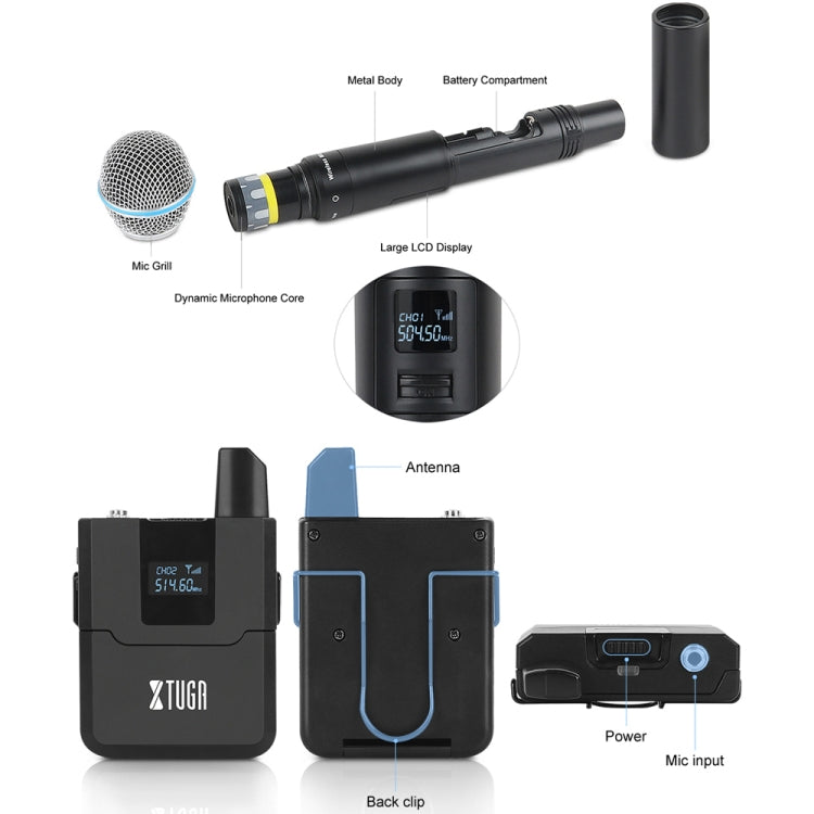 XTUGA A140-HB Wireless Microphone System 4 Channel Handheld Lavalier Headset Microphone(UK Plug) - Microphone by XTUGA | Online Shopping UK | buy2fix