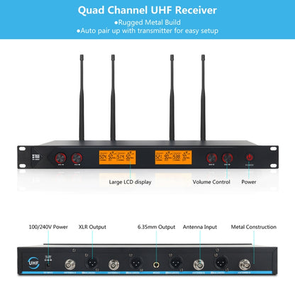 XTUGA A400-B Professional 4-Channel UHF Wireless Microphone System with 4 BodyPack Lavalier Headset Microphone(UK Plug) - Microphone by XTUGA | Online Shopping UK | buy2fix