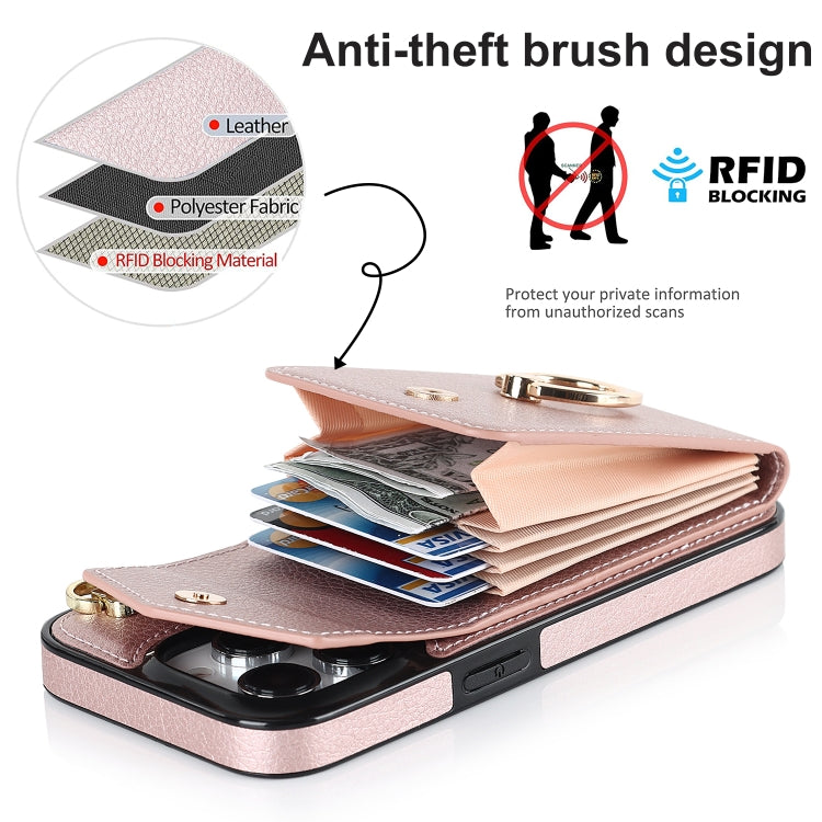 For iPhone 15 Pro Max Ring Holder RFID Card Slot Phone Case(Rose Gold) - iPhone 15 Pro Max Cases by buy2fix | Online Shopping UK | buy2fix