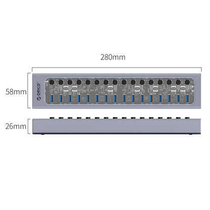 ORICO AT2U3-16AB-GY-BP 16 Ports USB 3.0 HUB with Individual Switches & Blue LED Indicator(EU Plug) - USB 3.0 HUB by ORICO | Online Shopping UK | buy2fix