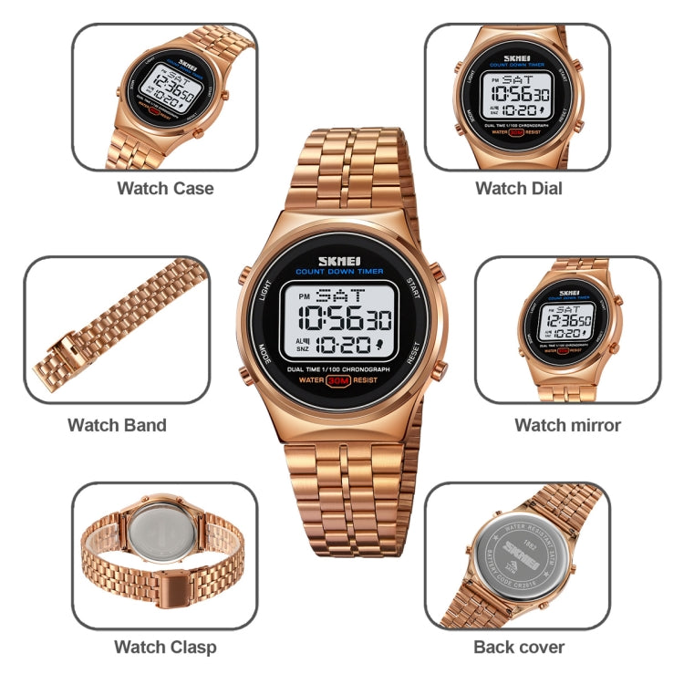 SKMEI 1882 Multifunctional Men 30M Waterproof Luminous Stainless Steel Digital Wrist Watch(Rose Gold White) - Metal Strap Watches by SKMEI | Online Shopping UK | buy2fix