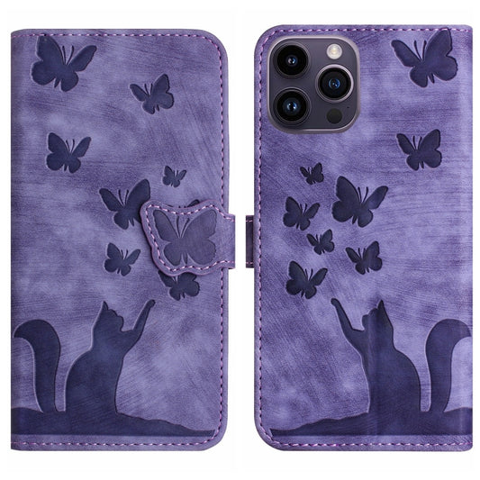 For iPhone 15 Pro Max Butterfly Cat Embossing Flip Leather Phone Case(Purple) - iPhone 15 Pro Max Cases by buy2fix | Online Shopping UK | buy2fix
