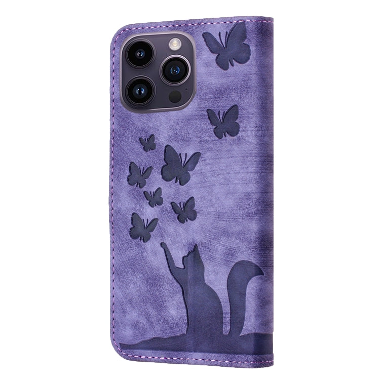 For iPhone 15 Pro Max Butterfly Cat Embossing Flip Leather Phone Case(Purple) - iPhone 15 Pro Max Cases by buy2fix | Online Shopping UK | buy2fix