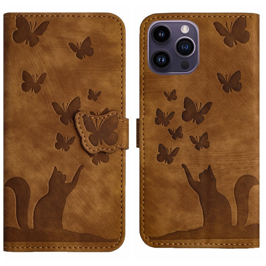For iPhone 15 Pro Max Butterfly Cat Embossing Flip Leather Phone Case(Brown) - iPhone 15 Pro Max Cases by buy2fix | Online Shopping UK | buy2fix