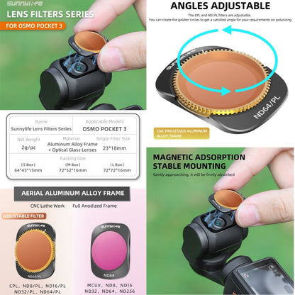 For DJI OSMO Pocket 3 Sunnylife Camera Lens Magnetic Metal Filter, Filter:ND8PL - Lens Accessories by Sunnylife | Online Shopping UK | buy2fix