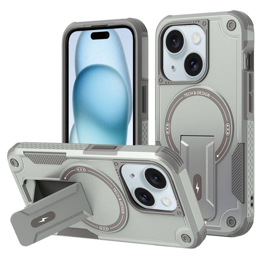 For iPhone 15 Plus MagSafe Holder Armor PC Hybrid TPU Phone Case(Grey) - iPhone 15 Plus Cases by buy2fix | Online Shopping UK | buy2fix