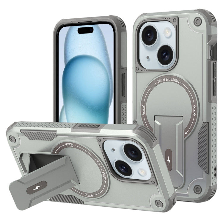 For iPhone 15 MagSafe Holder Armor PC Hybrid TPU Phone Case(Grey) - iPhone 15 Cases by buy2fix | Online Shopping UK | buy2fix