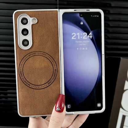 For Samsung Galaxy Z Fold5 Skin Feel Leather Texture MagSafe Pearlescent Paint Shockproof Phone Case(Brown) - Galaxy Z Fold5 Cases by buy2fix | Online Shopping UK | buy2fix