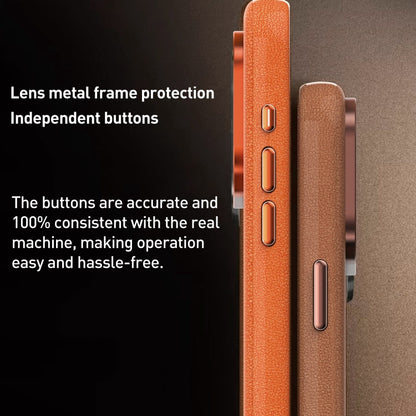 For iPhone 15 Pro Metal Lens Frame Leather Magsafe Full Coverage Shockproof Phone Case(Brown) - iPhone 15 Pro Cases by buy2fix | Online Shopping UK | buy2fix