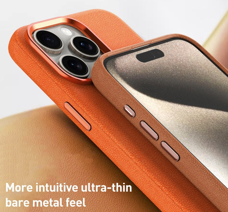 For iPhone 14 Plus Metal Lens Frame Leather Magsafe Full Coverage Shockproof Phone Case(Brown) - iPhone 14 Plus Cases by buy2fix | Online Shopping UK | buy2fix