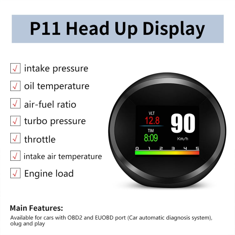 P11 OBD2 + GPS Mode Car HUD Head-up Display Water Temperature / Vehicle Speed / Voltage / Fuel Consumption Display, Speed Alarm - Head Up Display System by buy2fix | Online Shopping UK | buy2fix