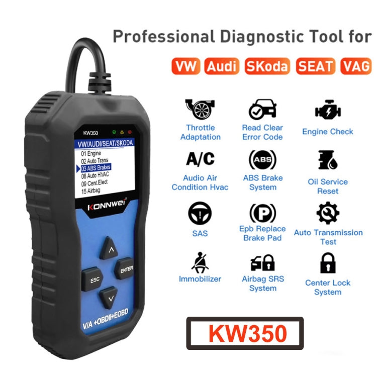 KONNWEI KW350 OBDII 12V Car Diagnostics Detector Scanner with 2 inch Black And White Display Screen V007 for Audi / Volkswagen - Code Readers & Scan Tools by KONNWEI | Online Shopping UK | buy2fix