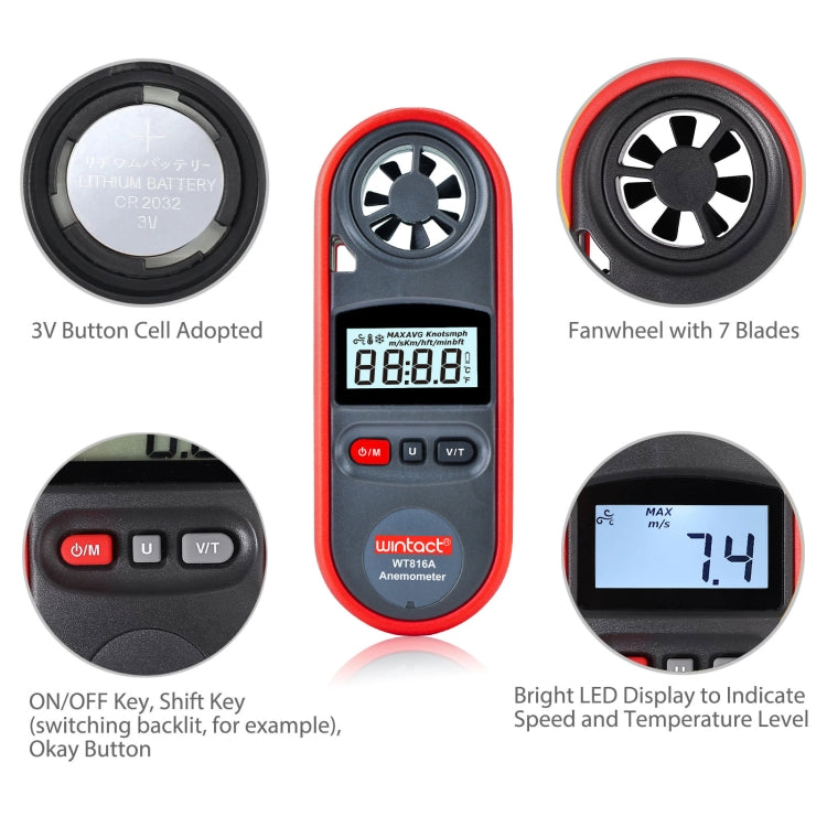 Wintact WT816A Digital Electronic Thermometer Anemometer - Tachometers & Anemometer by Wintact | Online Shopping UK | buy2fix