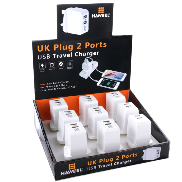 9 PCS HAWEEL UK Plug 2 USB Ports 1A / 2.1A Travel Charger Kits with Display Stand Box, For iPhone, Galaxy, Huawei, Xiaomi, LG, HTC and other Smartphones - Mobile Accessories by buy2fix | Online Shopping UK | buy2fix