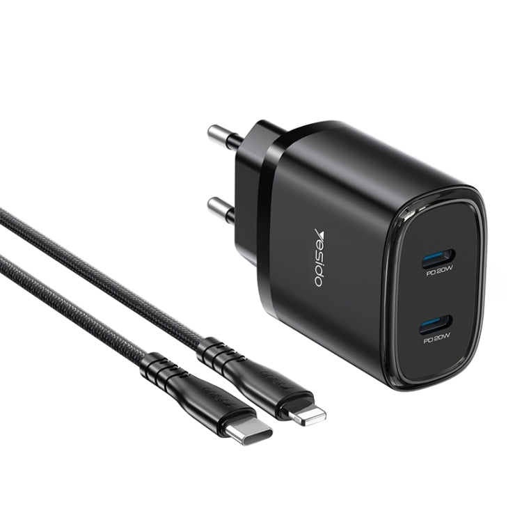 Yesido YC54 Dual USB-C / Type-C Travel Charger with 1m USB-C / Type-C to 8 Pin Cable, EU Plug (Black) - USB Charger by Yesido | Online Shopping UK | buy2fix