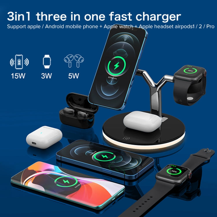 3 in 1 15W Multi-function Magnetic Wireless Charger for Mobile Phones & Apple Watches & AirPods 1 / 2 / Pro, with Colorful LED Light(Black) - Apple Accessories by buy2fix | Online Shopping UK | buy2fix