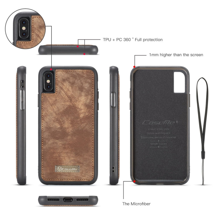 For iPhone X / XS CaseMe-008 TPU + PC Magnetic Absorption Detachable Back Cover Horizontal Flip Leather Case with Holder & Card Slots & Zipper Wallet & Photo Frame(Brown) - Apple Accessories by CaseMe | Online Shopping UK | buy2fix