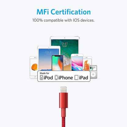 ANKER USB to 8 Pin Apple MFI Certificated Nylon Weaving Charging Data Cable, Length: 1m(Red) - MFI Cable by ANKER | Online Shopping UK | buy2fix