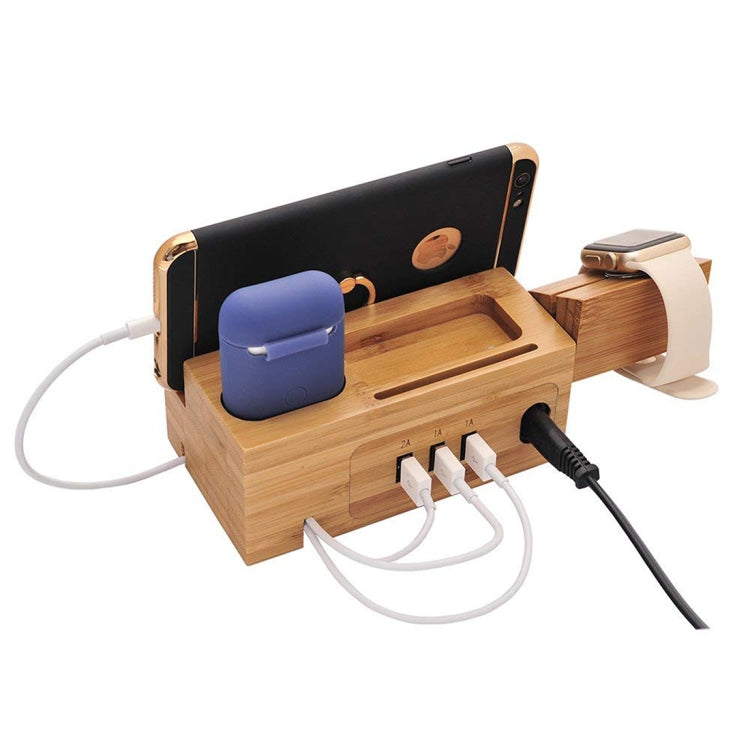 Multi-function Bamboo Charging Station Charger Stand Management Base with 3 USB Ports, For Apple Watch, AirPods, iPhone, AU Plug - Others by buy2fix | Online Shopping UK | buy2fix