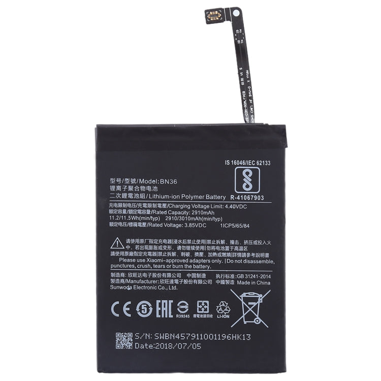 2910mAh BN36 for Xiaomi Mi 6X / A2 Li-Polymer Battery - For Xiaomi by buy2fix | Online Shopping UK | buy2fix