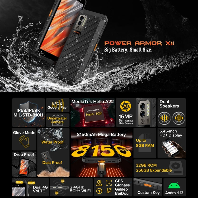 [HK Warehouse] Ulefone Power Armor X11 Rugged Phone, 4GB+32GB, IP68/IP69K Waterproof Dustproof Shockproof,  8150mAh Battery, 5.45 inch Android 13 MediaTek Helio A22 Quad Core up to 2.0GHz, Network: 4G, OTG, NFC, Global Version with Google Play(Black) - Ulefone by Ulefone | Online Shopping UK | buy2fix